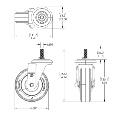 31-SM10D4-7 MODULAR SOLUTIONS ALUMINUM CASTER<br>4" SWIVEL, M10 STEM W/LOCK